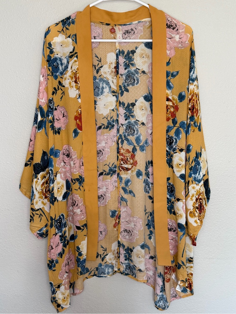Xhilaration Mustard Yellow Floral Kimono Cardigan Open Front Boho Size M